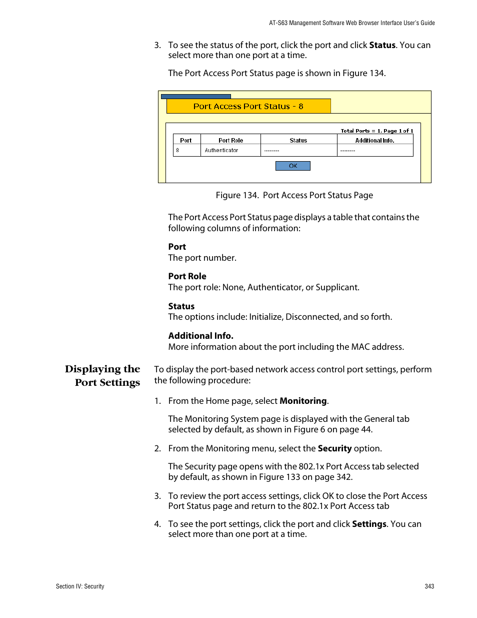 Displaying the port settings | Allied Telesis AT-S63 User Manual | Page 343 / 388