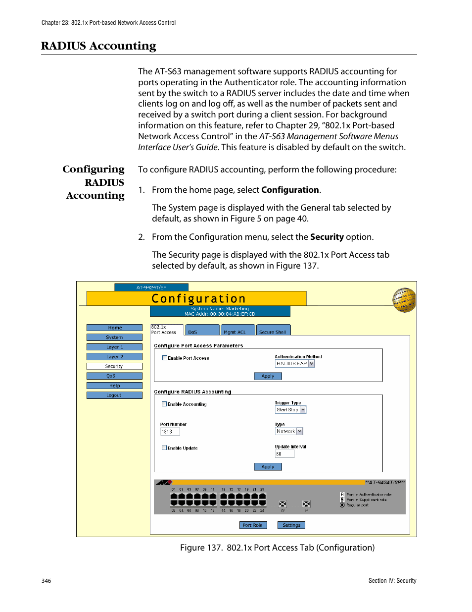 Radius accounting, Configuring radius accounting | Allied Telesis AT-S63 User Manual | Page 346 / 388