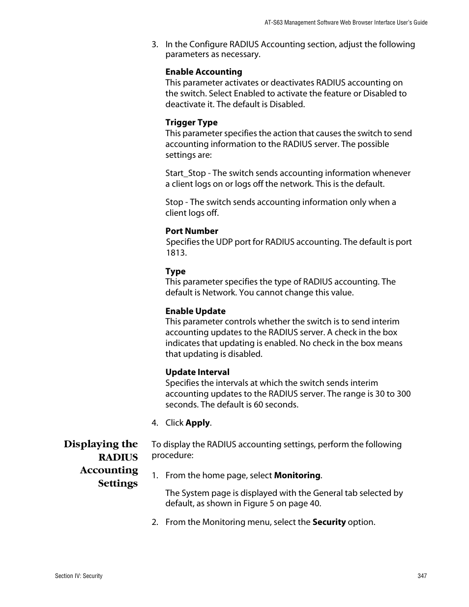 Displaying the radius accounting settings | Allied Telesis AT-S63 User Manual | Page 347 / 388