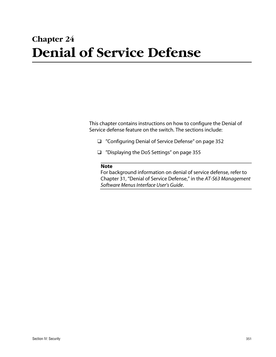 Chapter 24, Denial of service defense, Chapter 24 denial of service defense | Allied Telesis AT-S63 User Manual | Page 351 / 388