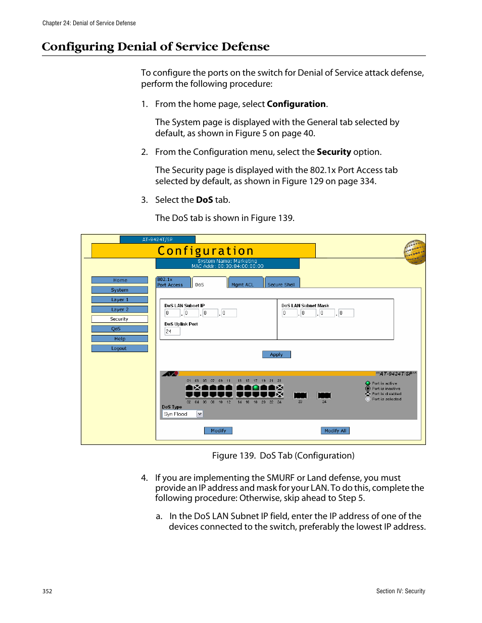 Configuring denial of service defense | Allied Telesis AT-S63 User Manual | Page 352 / 388