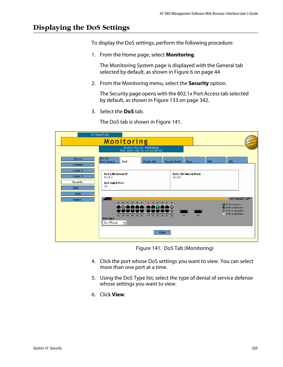 Displaying the dos settings | Allied Telesis AT-S63 User Manual | Page 355 / 388