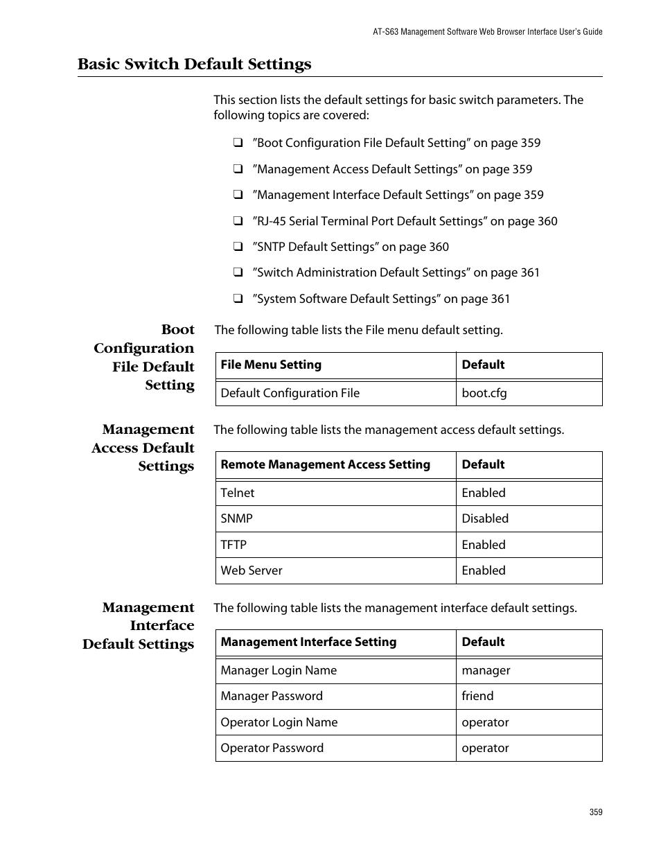 Basic switch default settings, Boot configuration file default setting, Management access default settings | Management interface default settings | Allied Telesis AT-S63 User Manual | Page 359 / 388