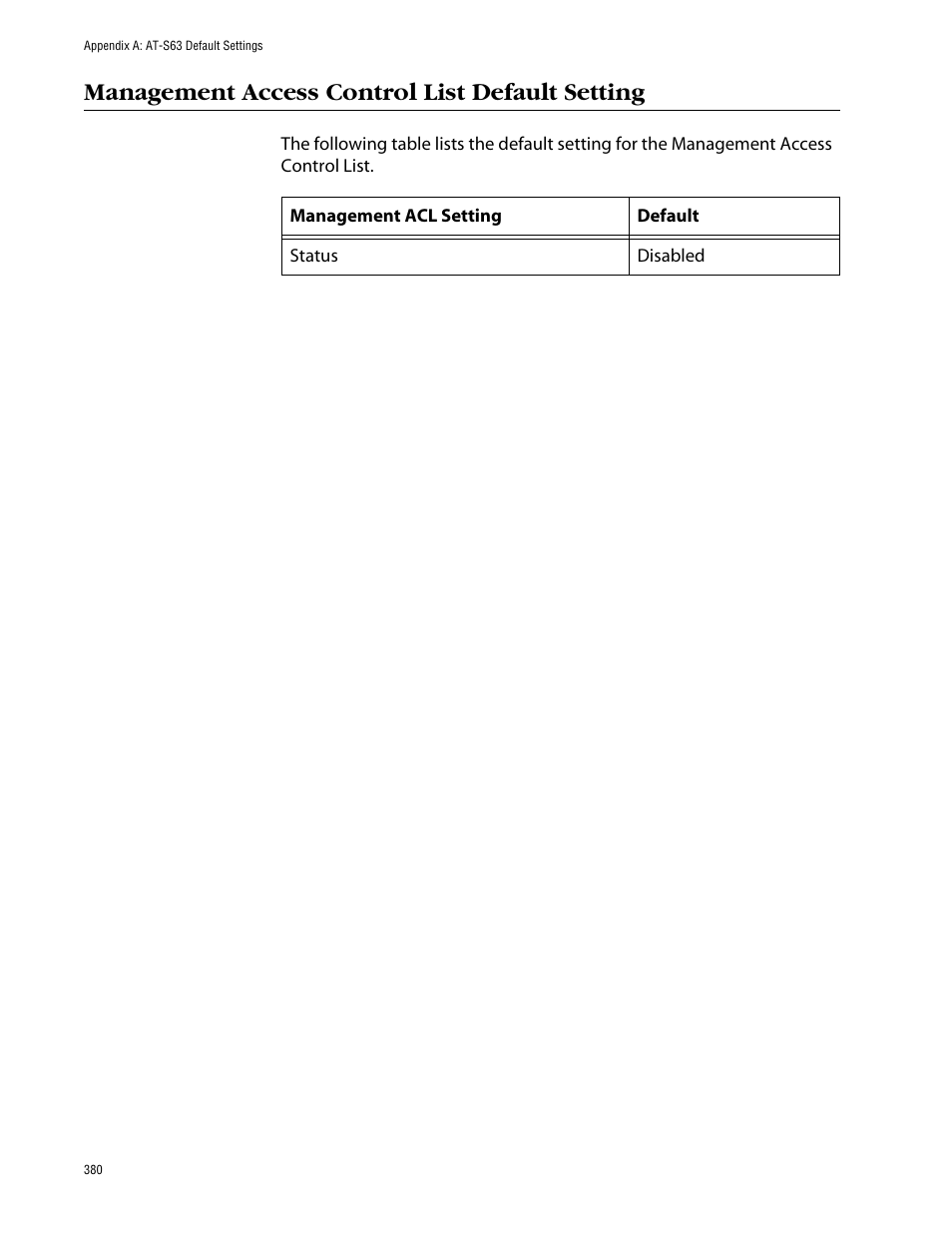 Management access control list default setting | Allied Telesis AT-S63 User Manual | Page 380 / 388