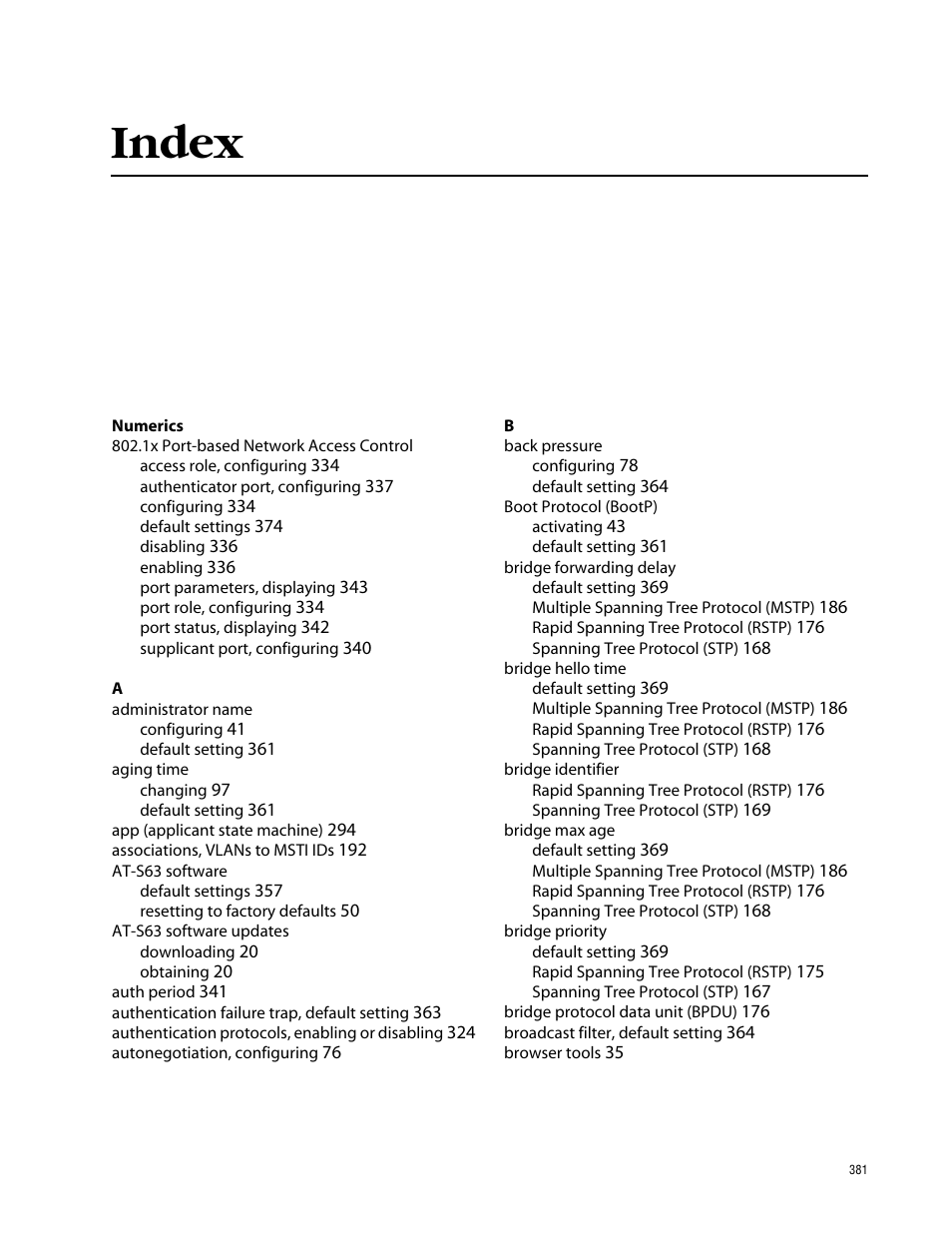 Index | Allied Telesis AT-S63 User Manual | Page 381 / 388