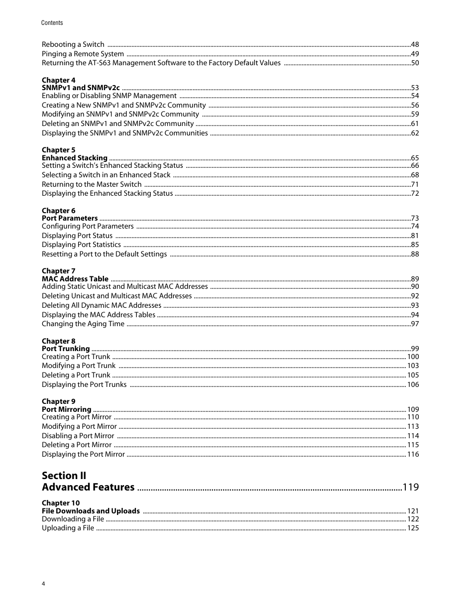 Section ii, Advanced features 119 | Allied Telesis AT-S63 User Manual | Page 4 / 388