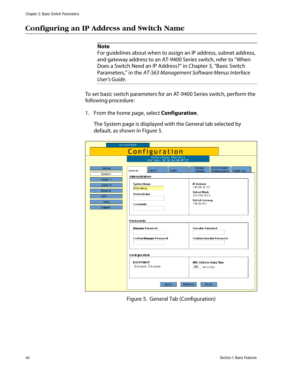 Configuring an ip address and switch name | Allied Telesis AT-S63 User Manual | Page 40 / 388
