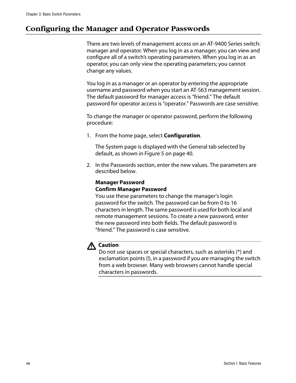 Configuring the manager and operator passwords | Allied Telesis AT-S63 User Manual | Page 46 / 388