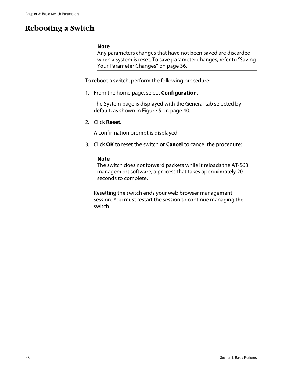 Rebooting a switch | Allied Telesis AT-S63 User Manual | Page 48 / 388