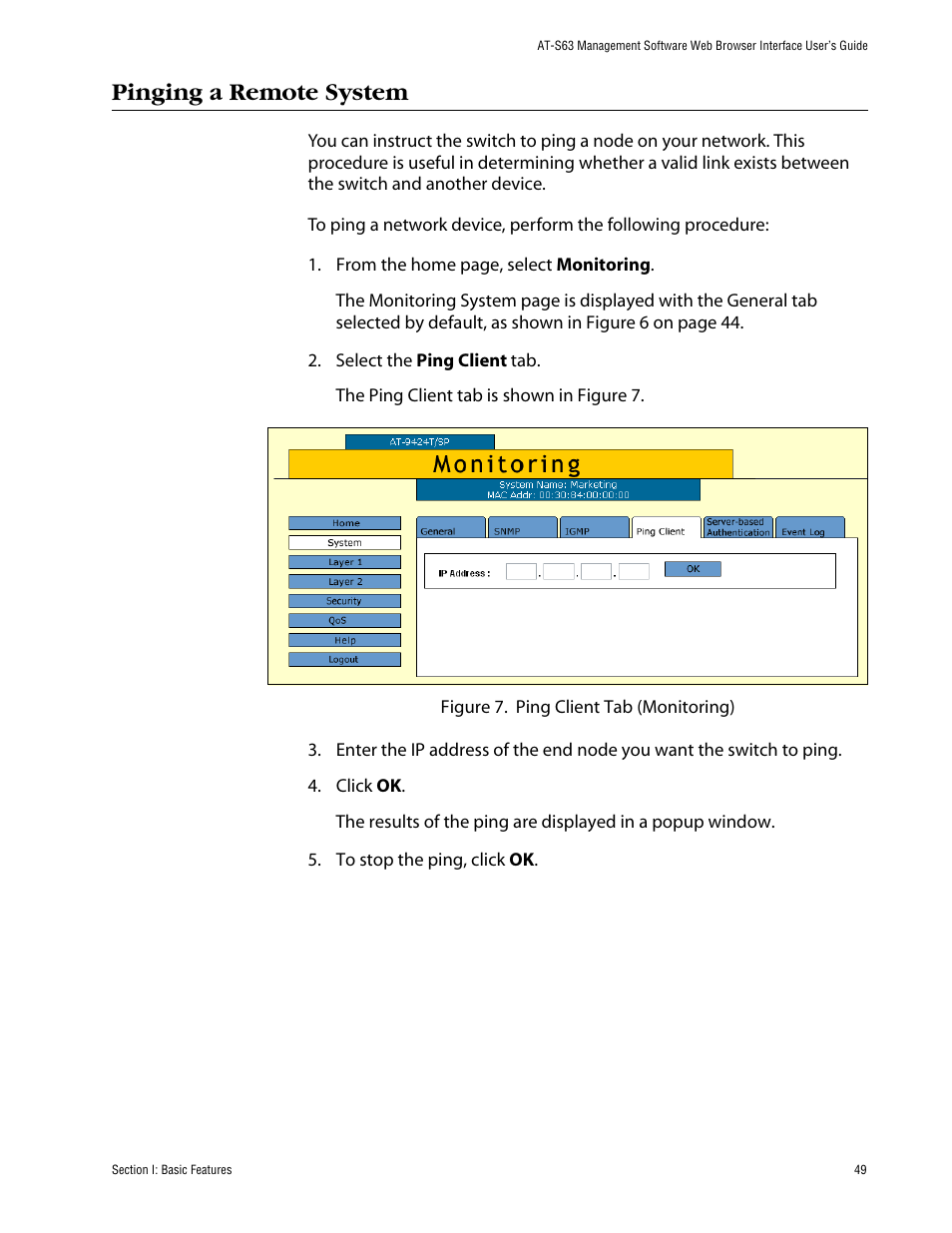 Pinging a remote system | Allied Telesis AT-S63 User Manual | Page 49 / 388
