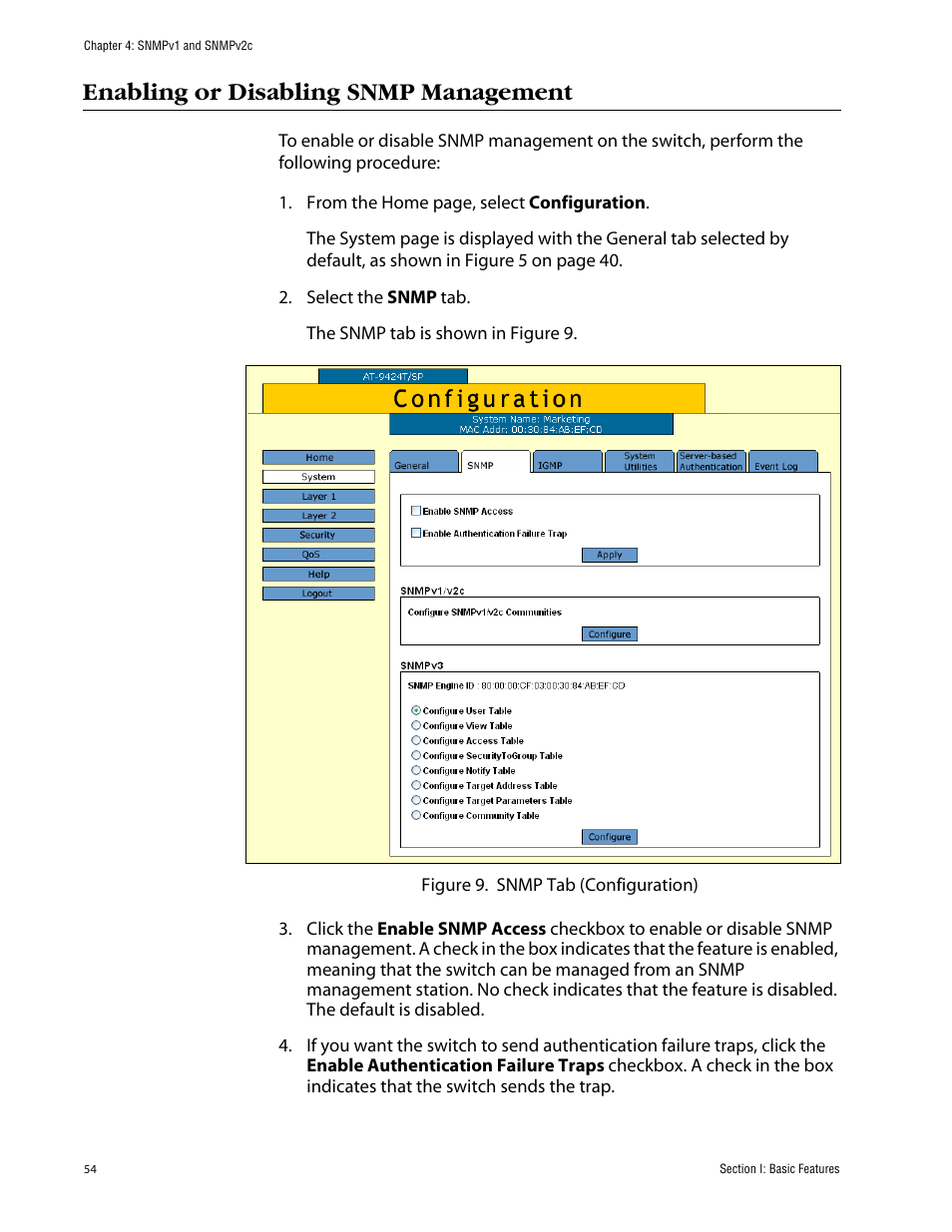 Enabling or disabling snmp management | Allied Telesis AT-S63 User Manual | Page 54 / 388