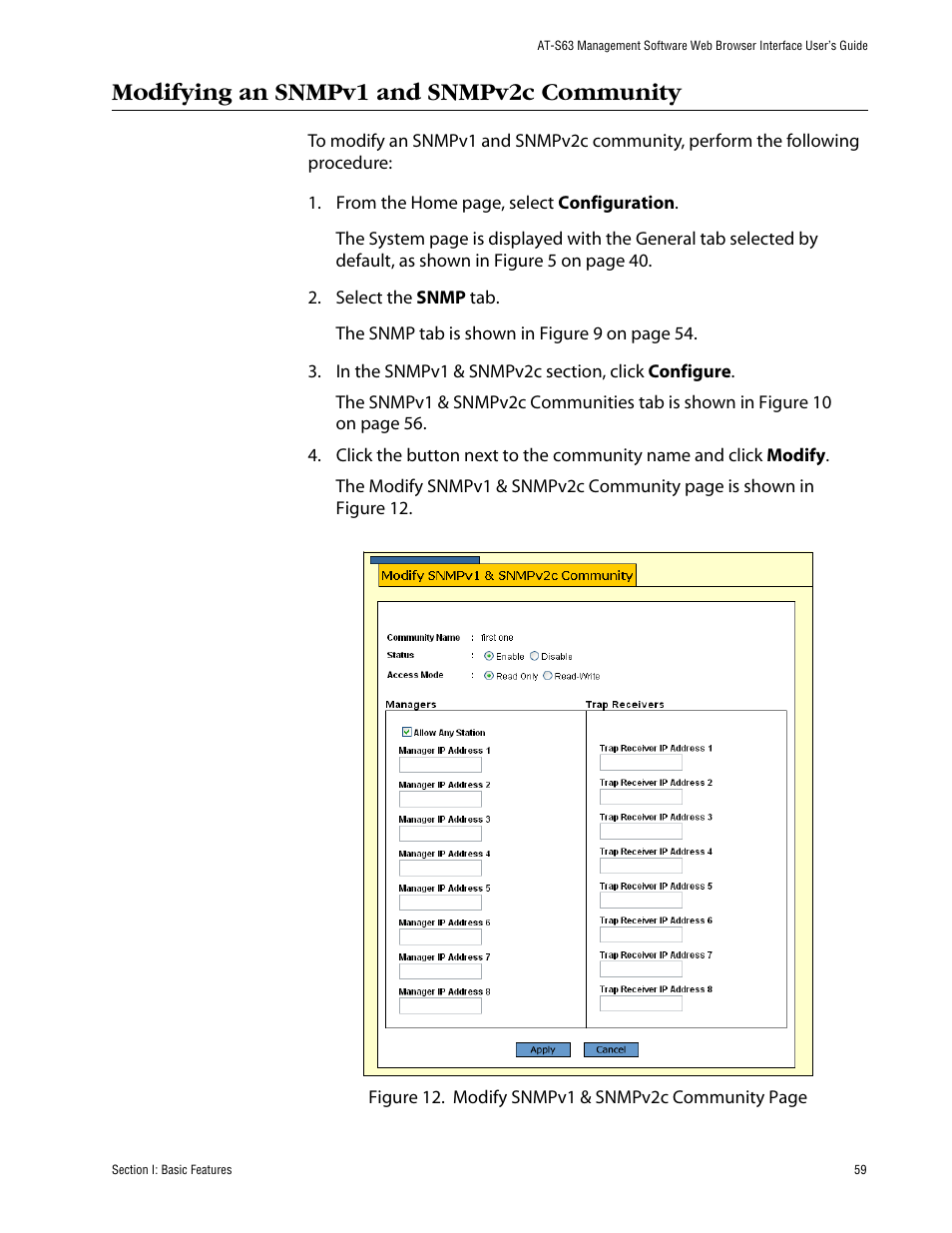 Modifying an snmpv1 and snmpv2c community | Allied Telesis AT-S63 User Manual | Page 59 / 388