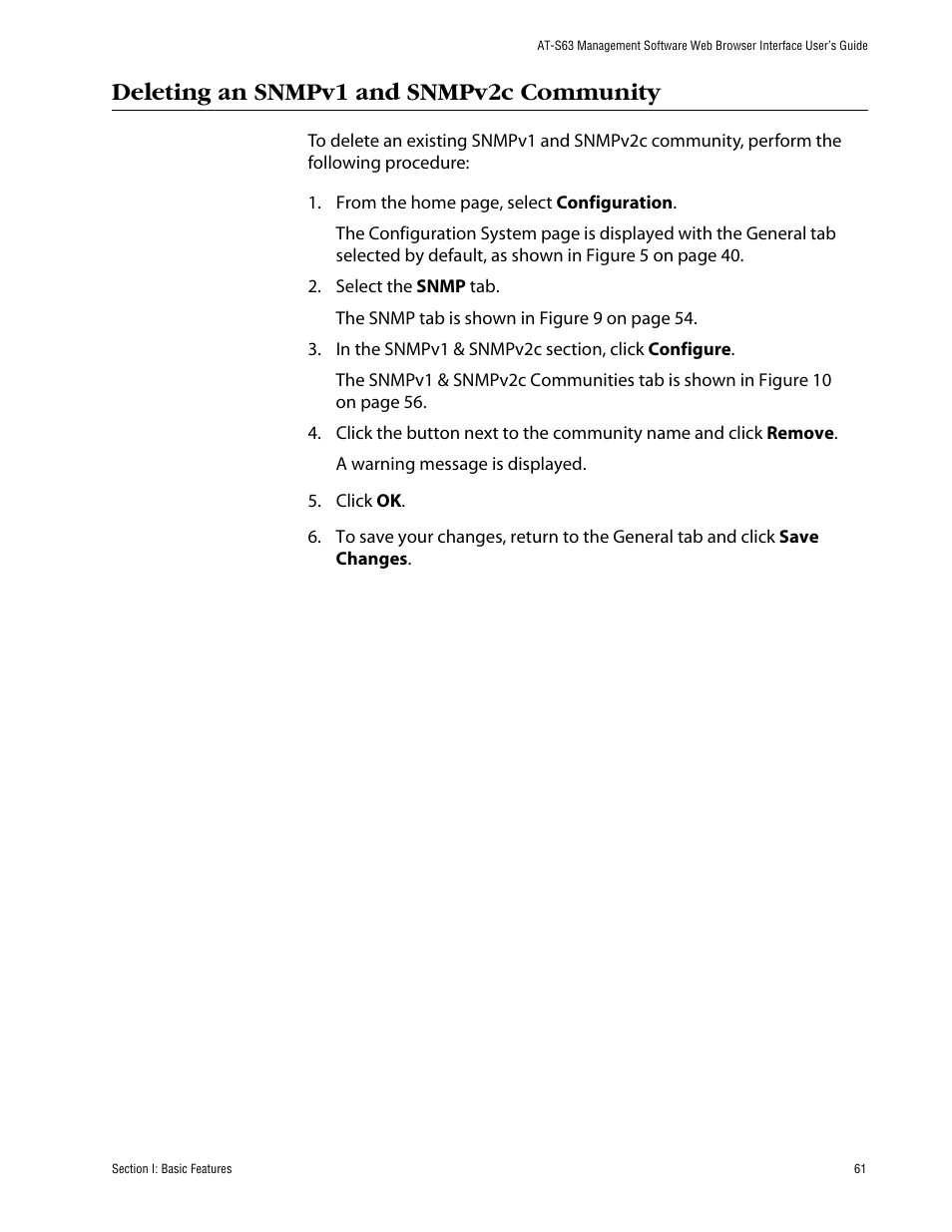 Deleting an snmpv1 and snmpv2c community | Allied Telesis AT-S63 User Manual | Page 61 / 388