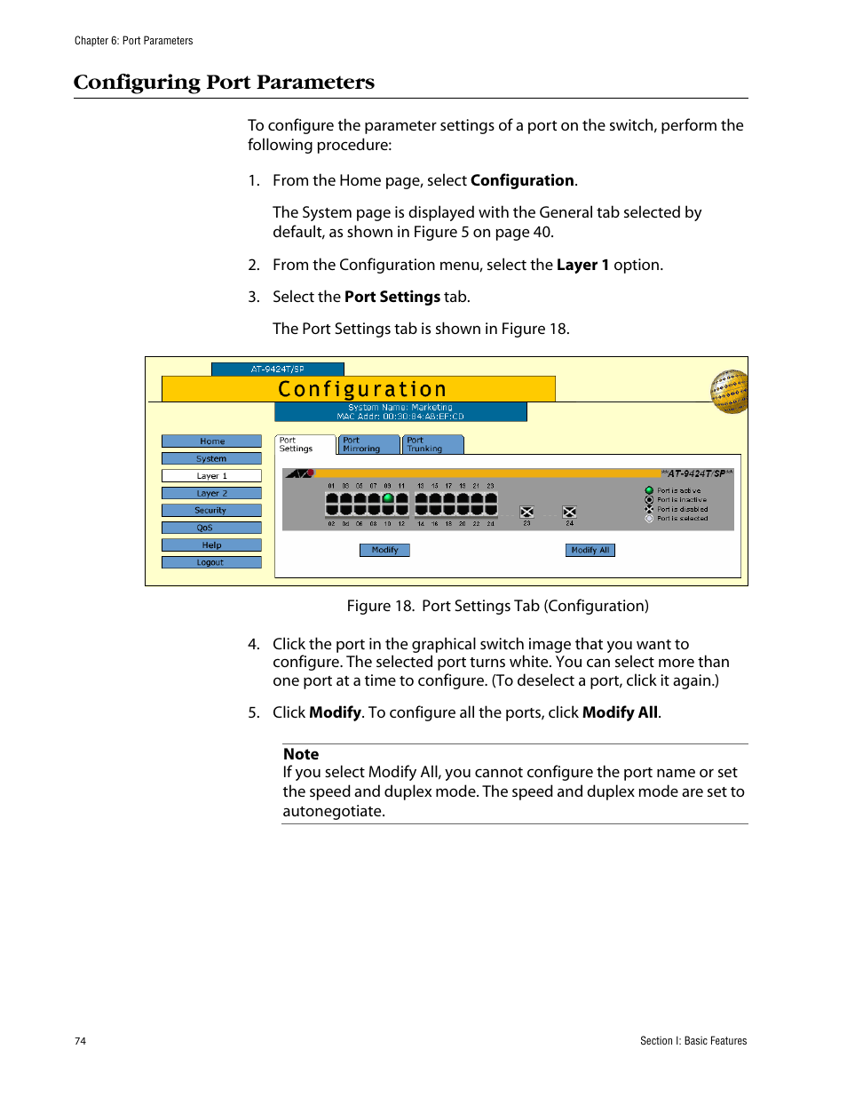 Configuring port parameters | Allied Telesis AT-S63 User Manual | Page 74 / 388