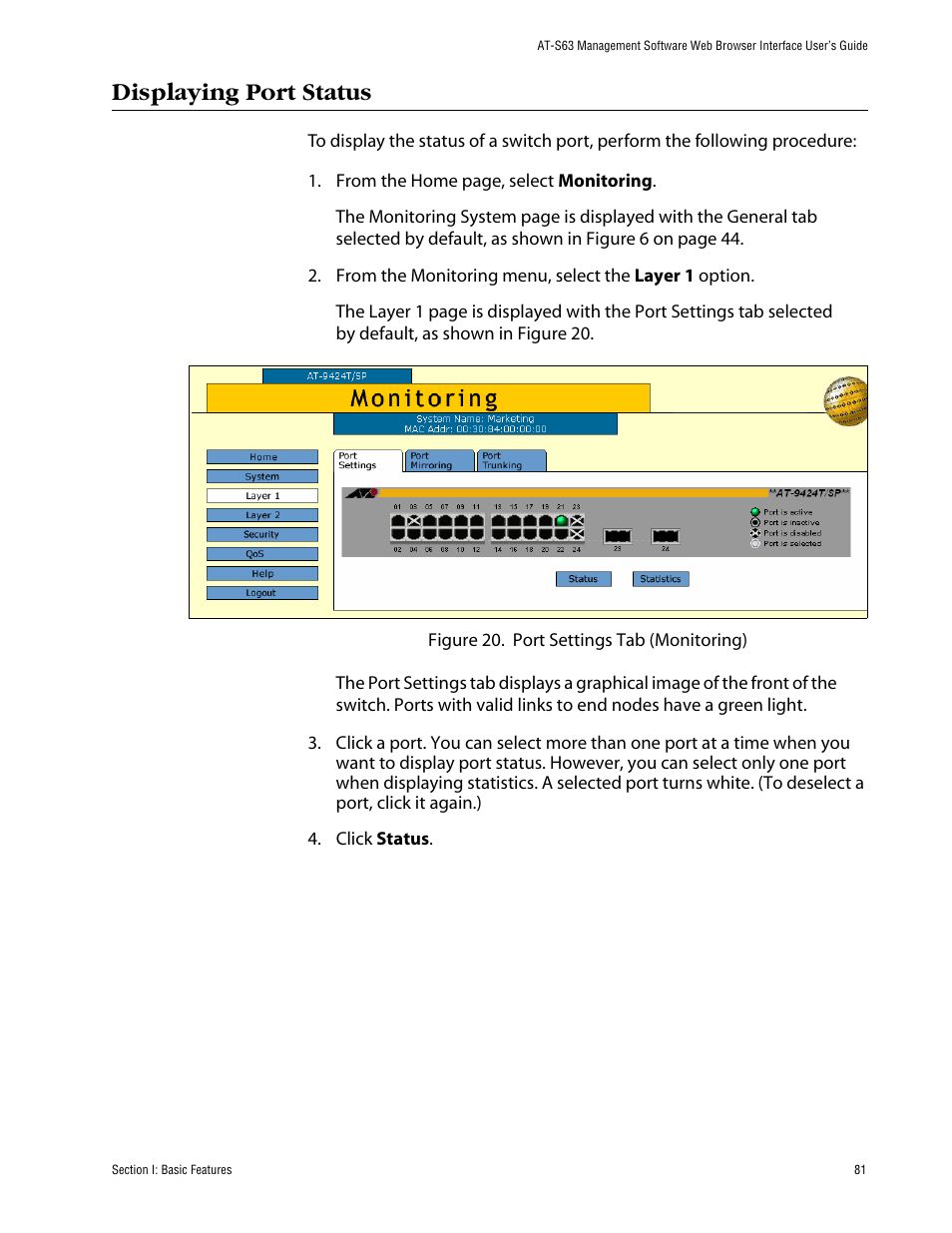 Displaying port status | Allied Telesis AT-S63 User Manual | Page 81 / 388