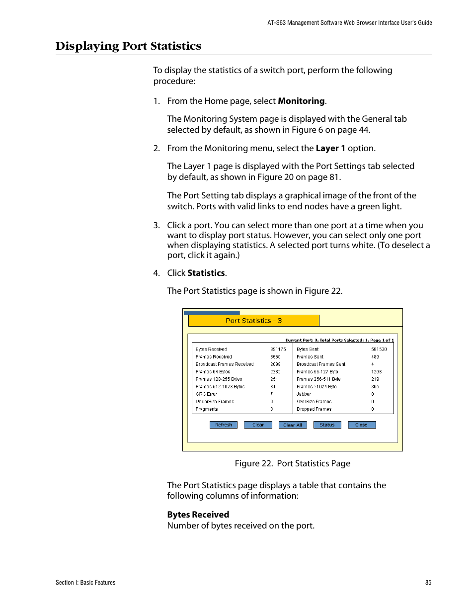Displaying port statistics | Allied Telesis AT-S63 User Manual | Page 85 / 388