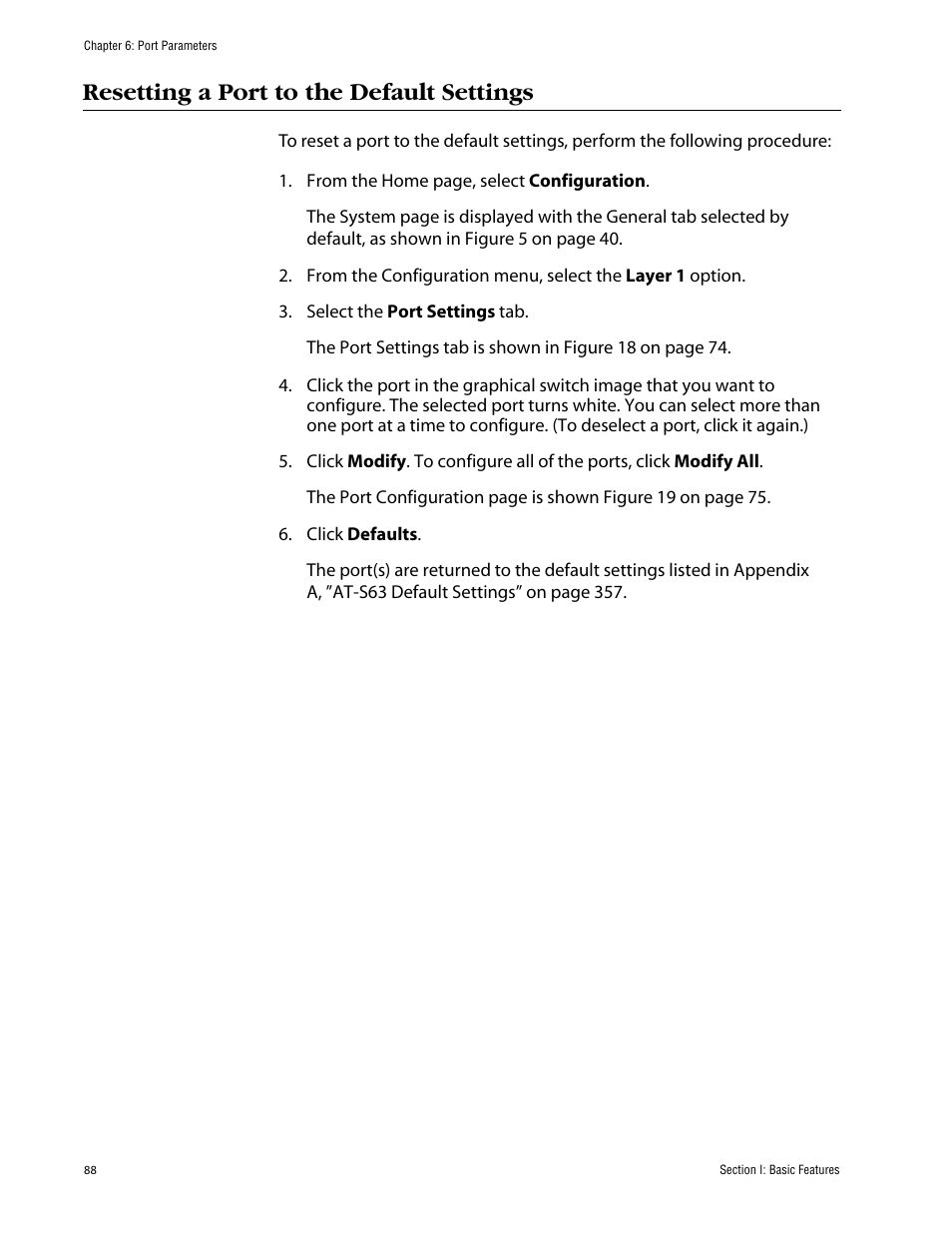 Resetting a port to the default settings | Allied Telesis AT-S63 User Manual | Page 88 / 388