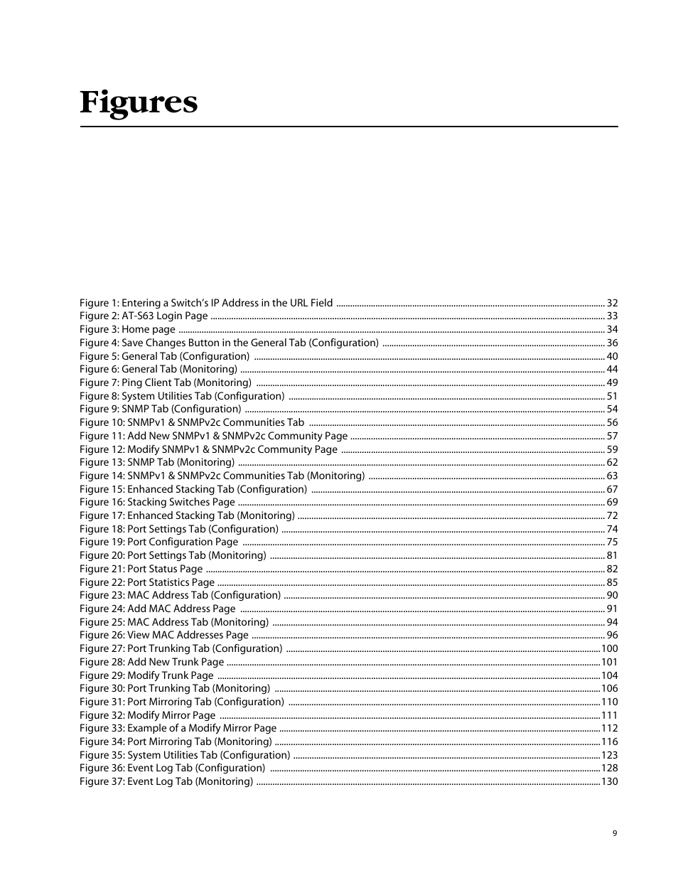 Figures, Figure 5: general tab (configuration) 40, Figure 6: general tab (monitoring) 44 | Figure 7: ping client tab (monitoring) 49, Figure 8: system utilities tab (configuration) 51, Figure 9: snmp tab (configuration) 54, Figure 10: snmpv1 & snmpv2c communities tab 56, Figure 13: snmp tab (monitoring) 62, Figure 17: enhanced stacking tab (monitoring) 72, Figure 18: port settings tab (configuration) 74 | Allied Telesis AT-S63 User Manual | Page 9 / 388