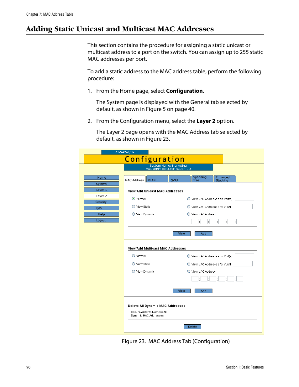 Adding static unicast and multicast mac addresses | Allied Telesis AT-S63 User Manual | Page 90 / 388