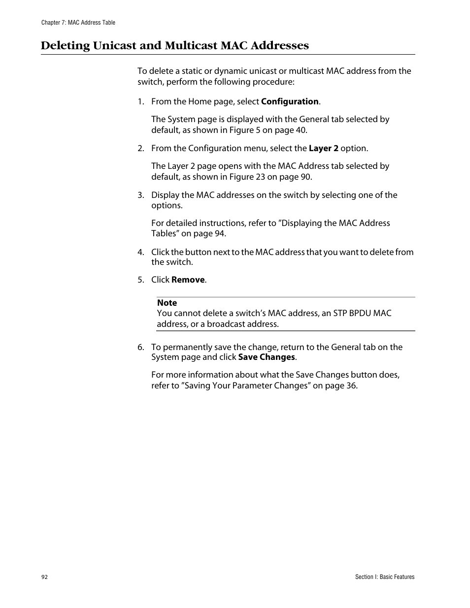 Deleting unicast and multicast mac addresses | Allied Telesis AT-S63 User Manual | Page 92 / 388