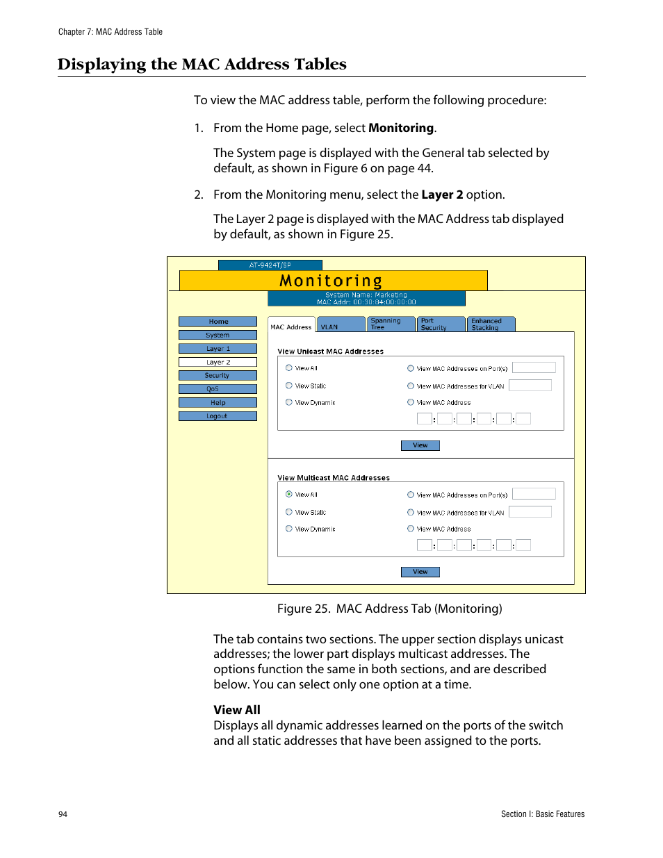 Displaying the mac address tables | Allied Telesis AT-S63 User Manual | Page 94 / 388