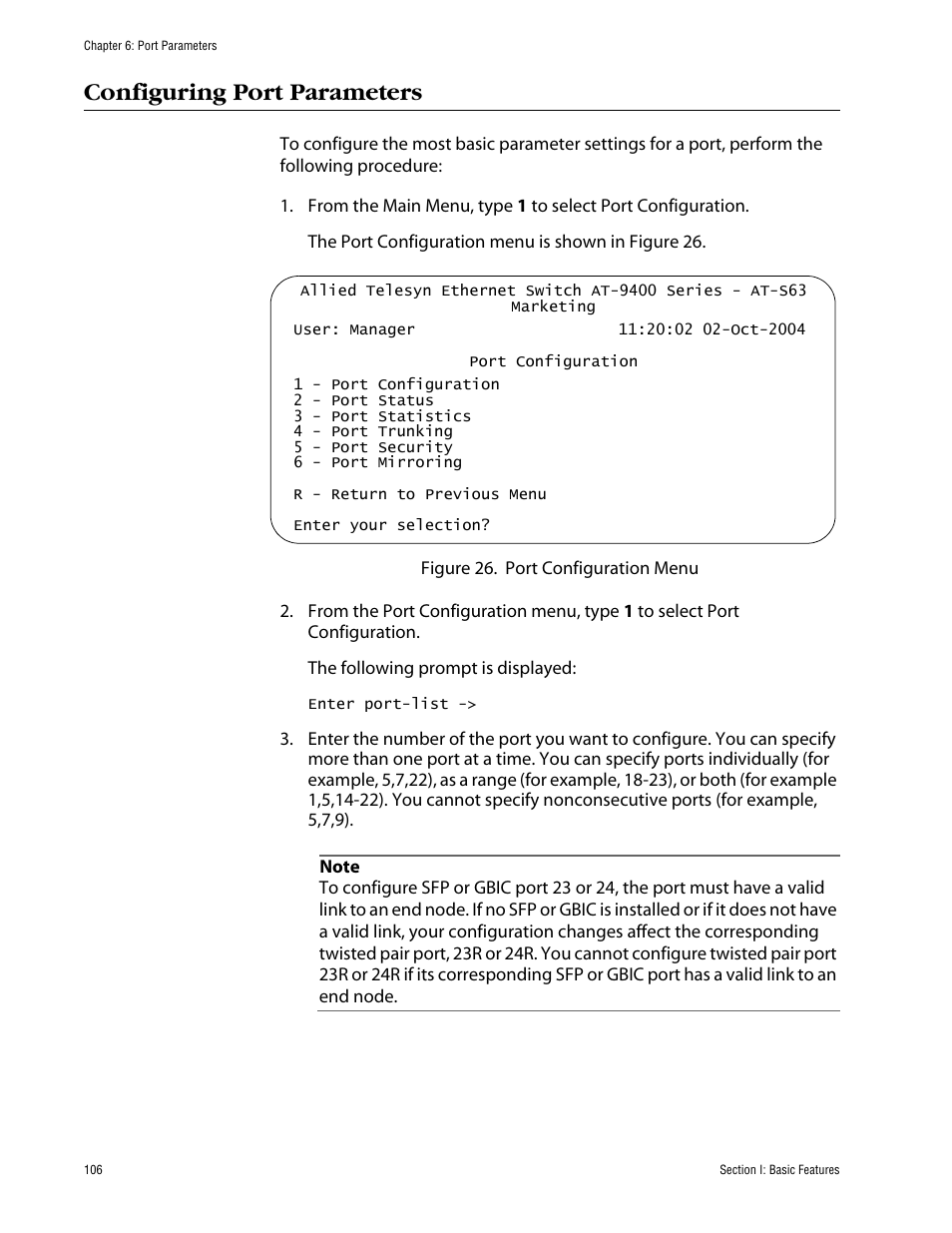 Configuring port parameters | Allied Telesis AT-S63 User Manual | Page 106 / 710