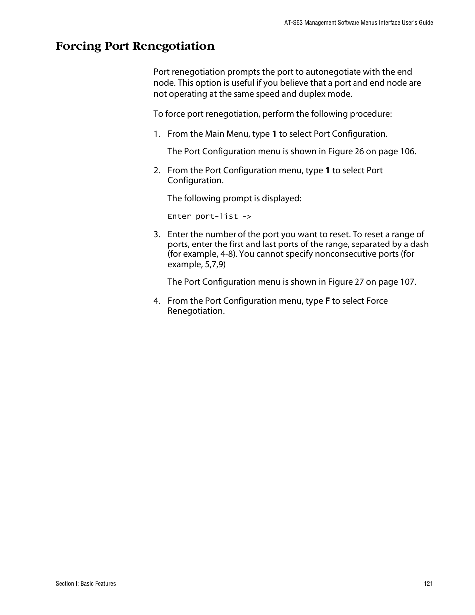 Forcing port renegotiation | Allied Telesis AT-S63 User Manual | Page 121 / 710