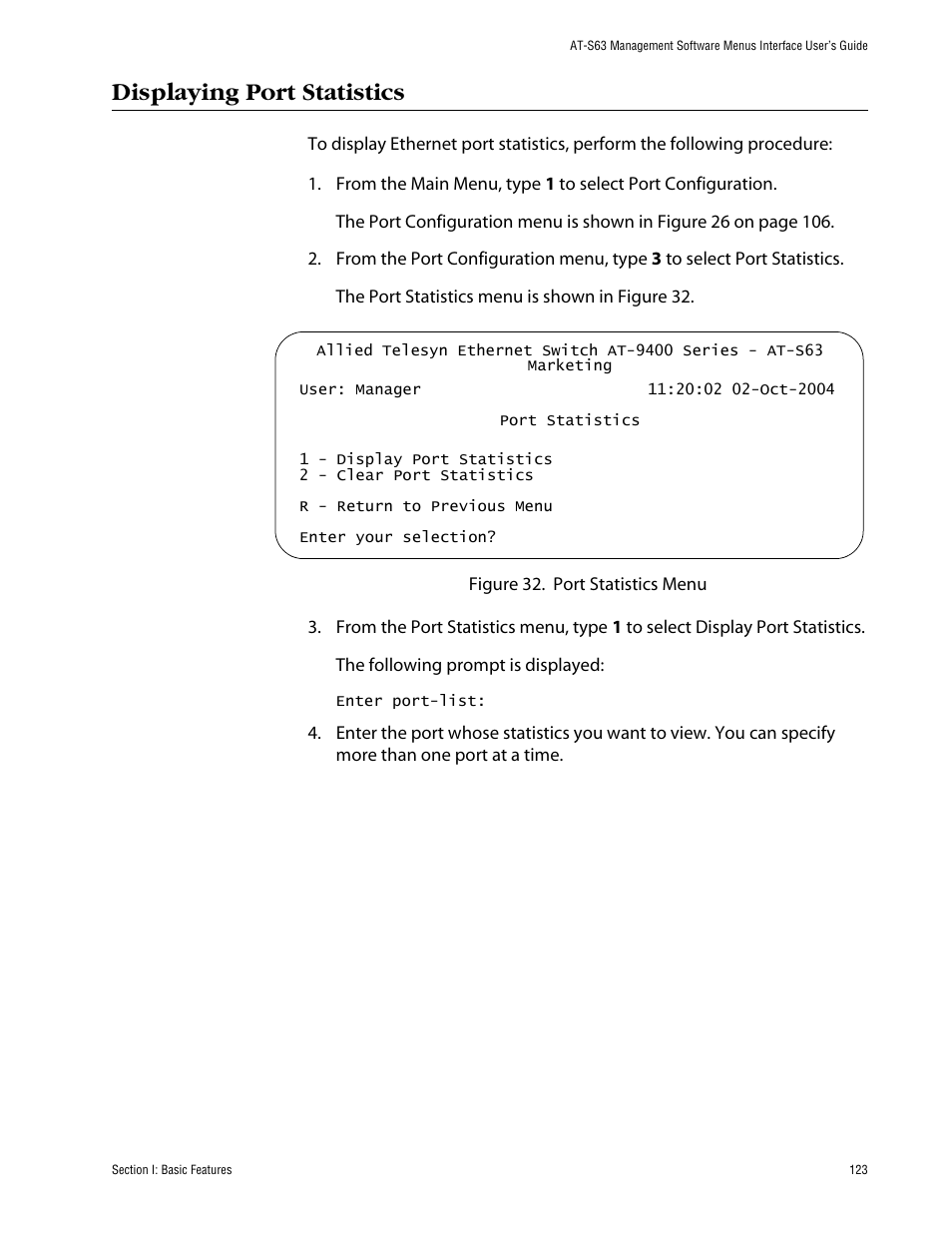 Displaying port statistics | Allied Telesis AT-S63 User Manual | Page 123 / 710