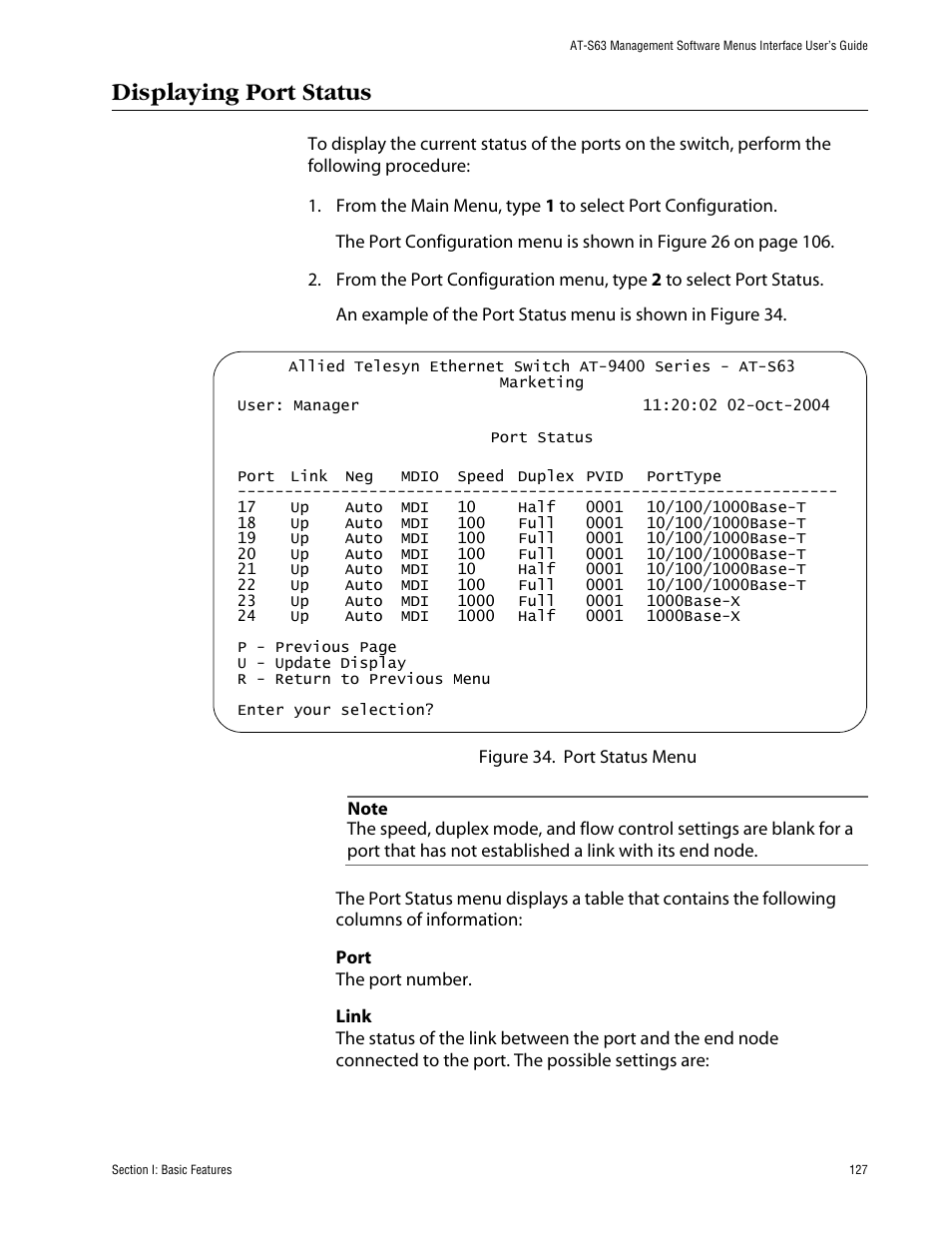 Displaying port status | Allied Telesis AT-S63 User Manual | Page 127 / 710