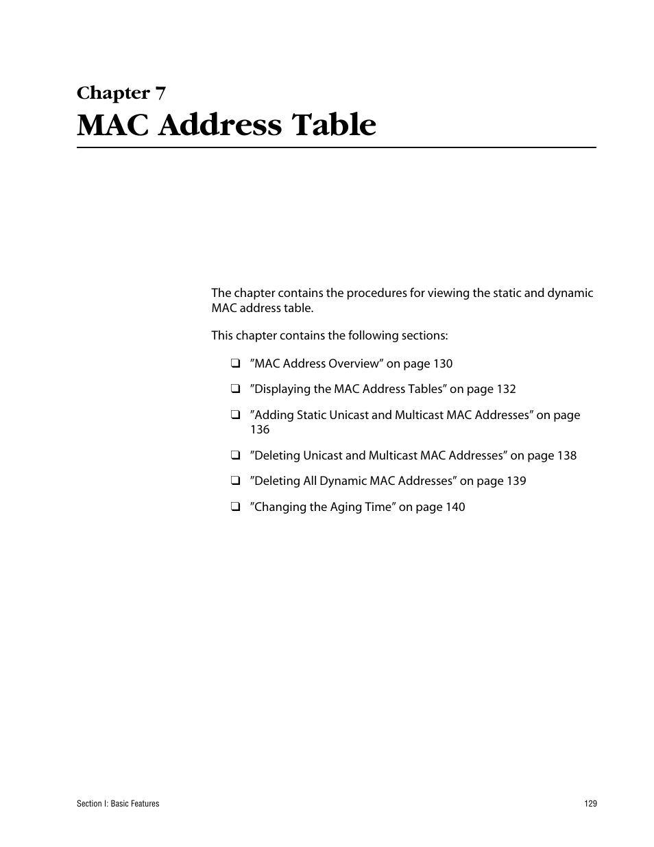 Chapter 7, Mac address table, Chapter 7 mac address table | Allied Telesis AT-S63 User Manual | Page 129 / 710