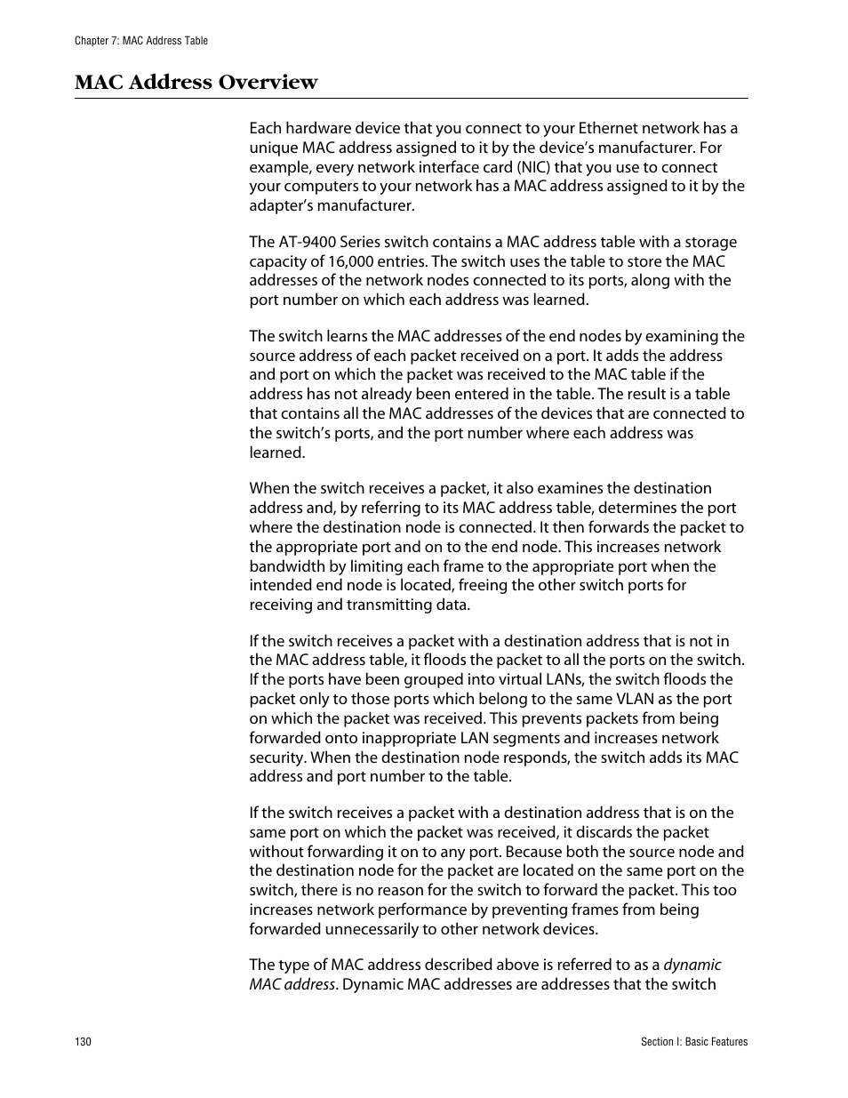 Mac address overview | Allied Telesis AT-S63 User Manual | Page 130 / 710