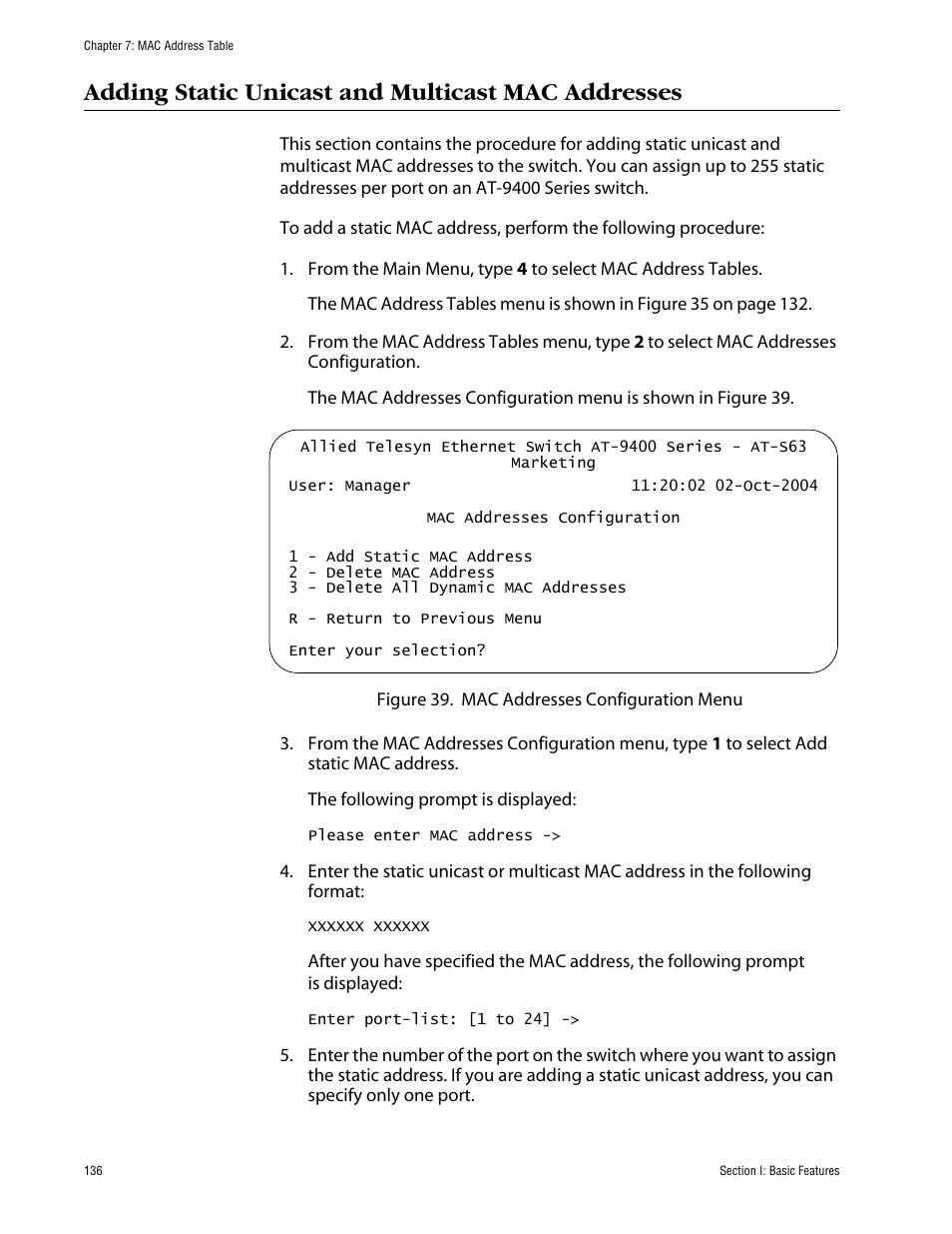 Adding static unicast and multicast mac addresses | Allied Telesis AT-S63 User Manual | Page 136 / 710