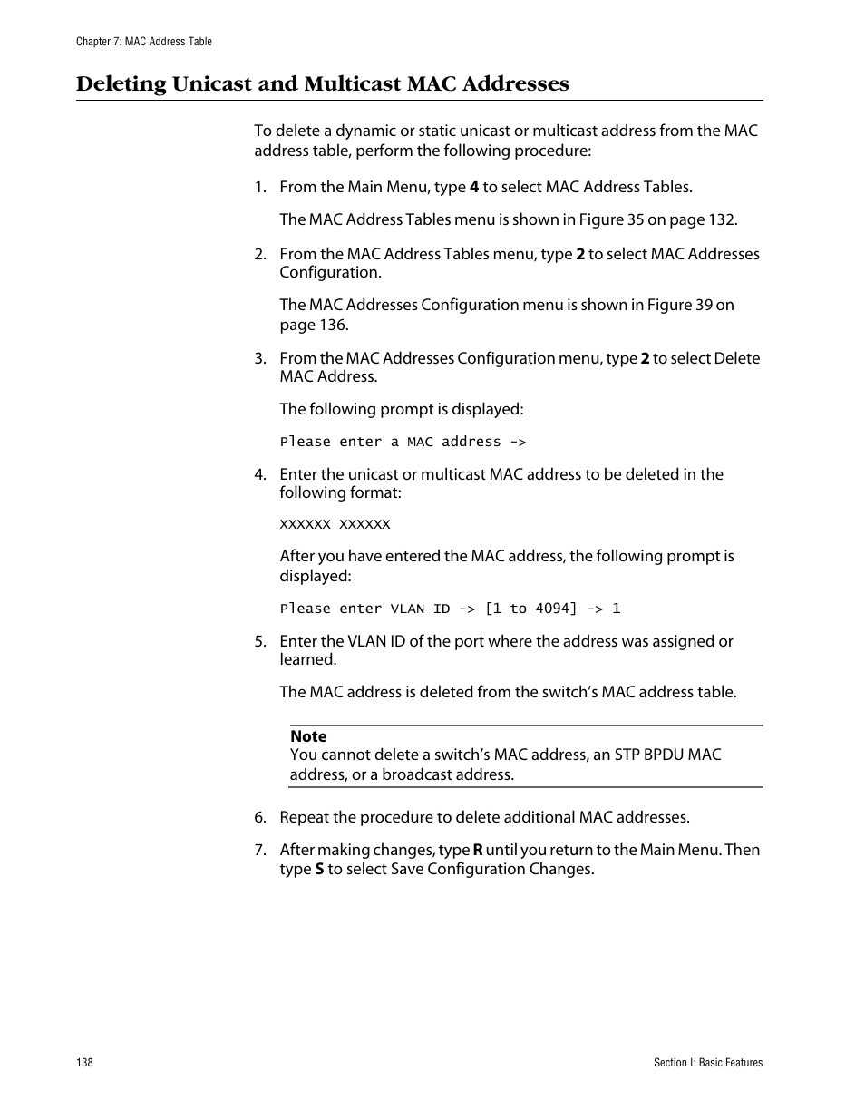 Deleting unicast and multicast mac addresses | Allied Telesis AT-S63 User Manual | Page 138 / 710