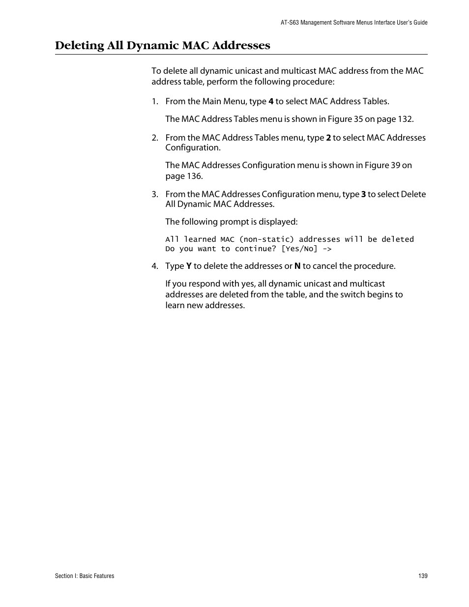 Deleting all dynamic mac addresses | Allied Telesis AT-S63 User Manual | Page 139 / 710
