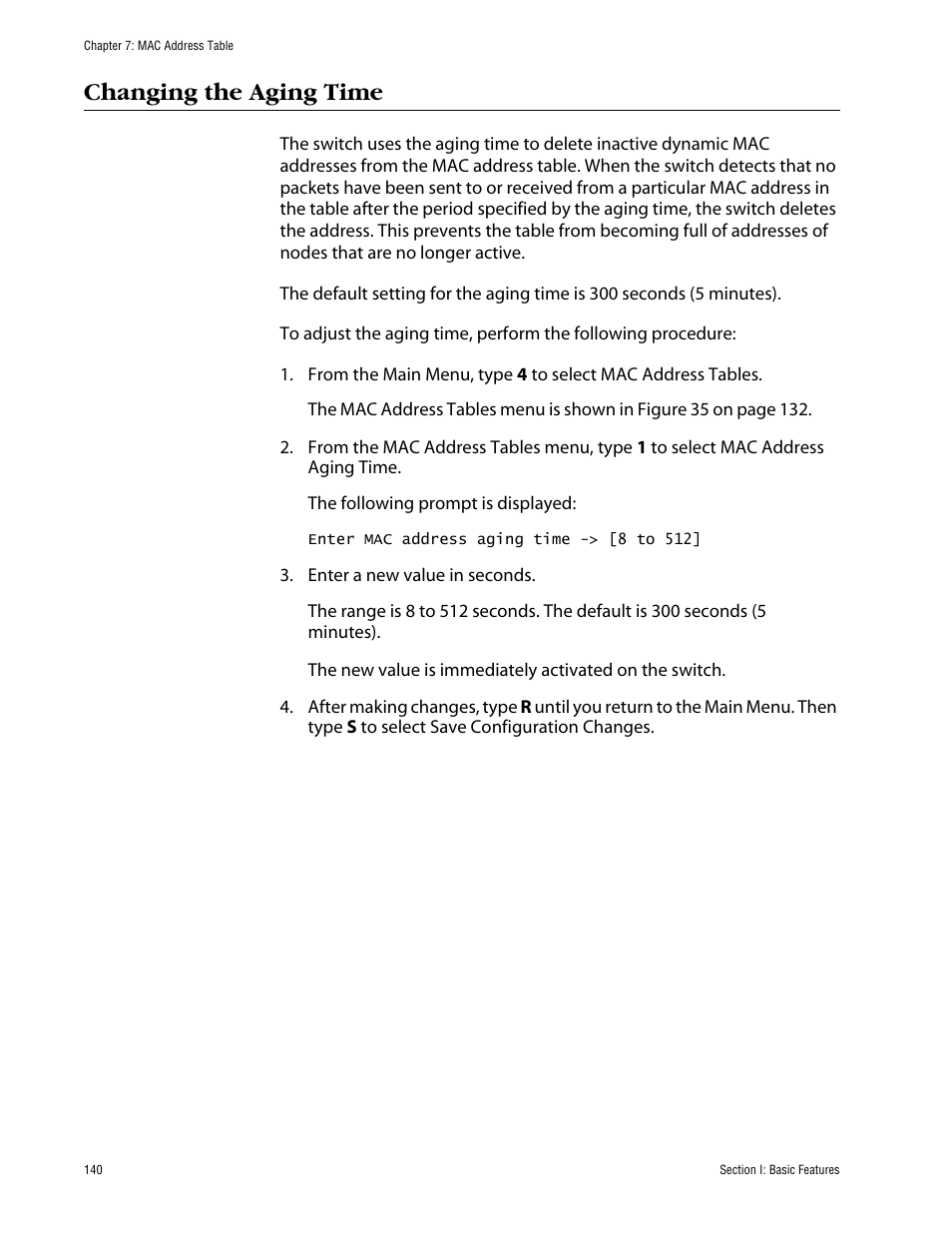 Changing the aging time | Allied Telesis AT-S63 User Manual | Page 140 / 710