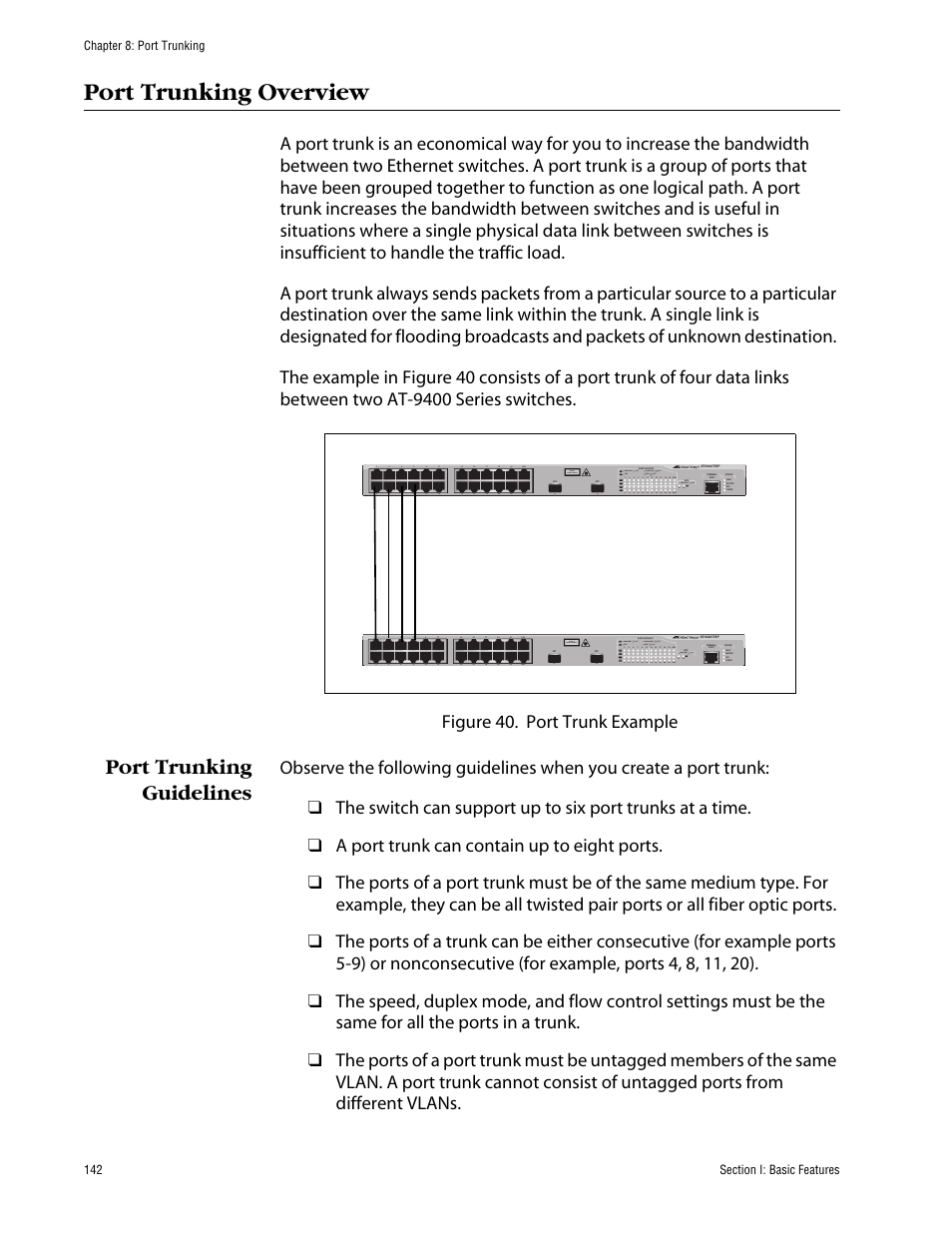 Port trunking overview, Port trunking guidelines | Allied Telesis AT-S63 User Manual | Page 142 / 710