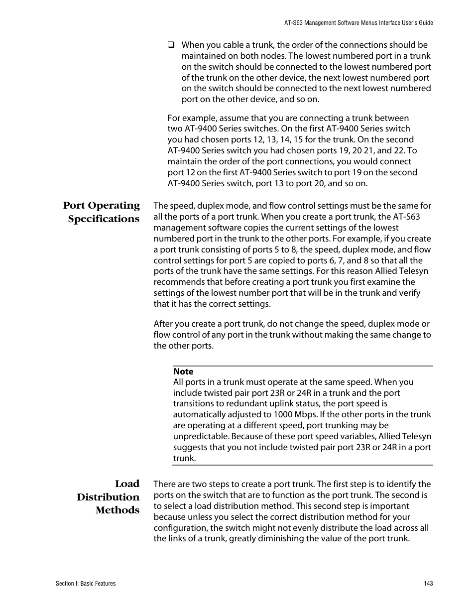 Port operating specifications, Load distribution methods | Allied Telesis AT-S63 User Manual | Page 143 / 710