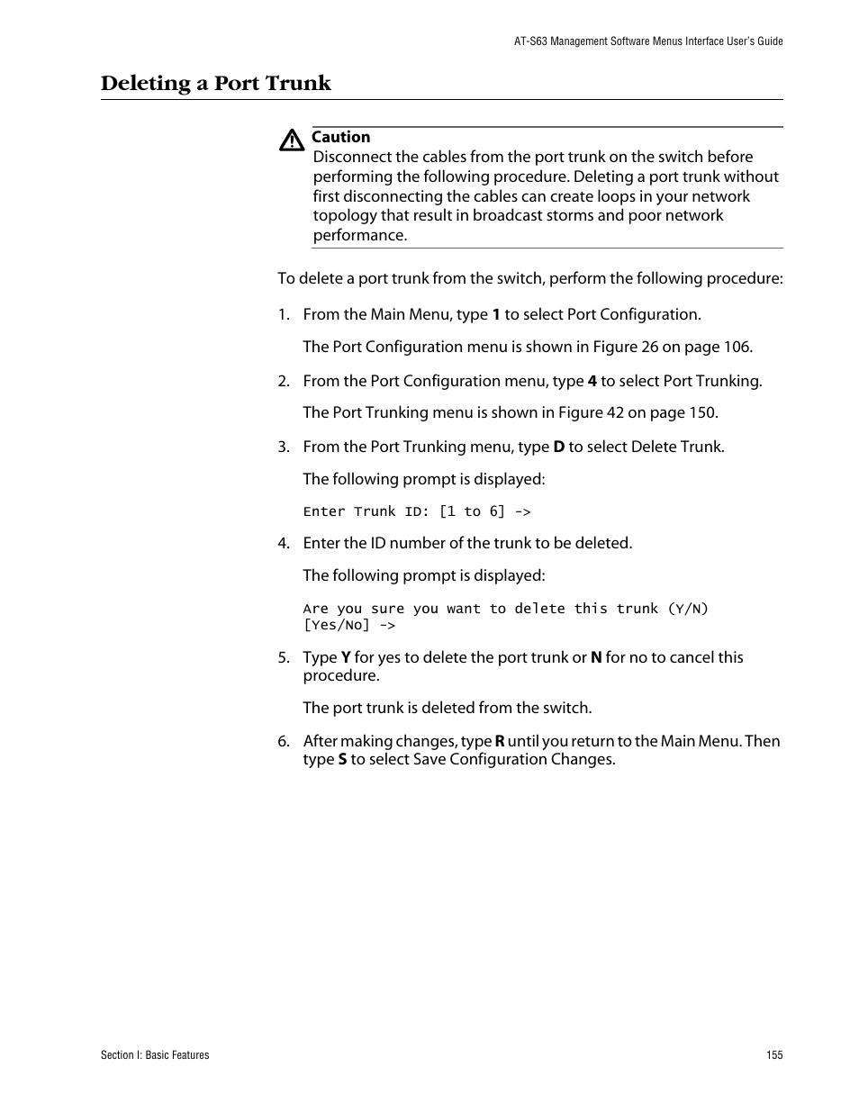 Deleting a port trunk | Allied Telesis AT-S63 User Manual | Page 155 / 710