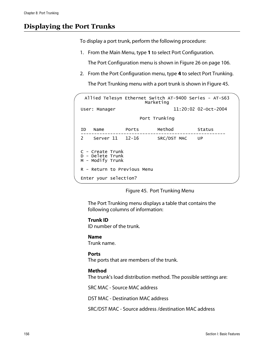 Displaying the port trunks | Allied Telesis AT-S63 User Manual | Page 156 / 710