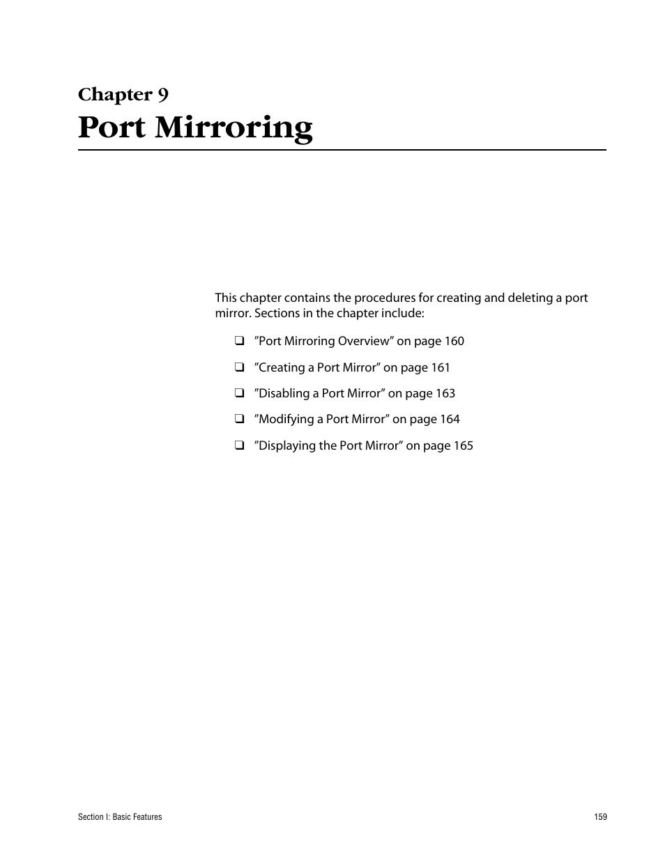 Chapter 9, Port mirroring, Chapter 9 port mirroring | Allied Telesis AT-S63 User Manual | Page 159 / 710