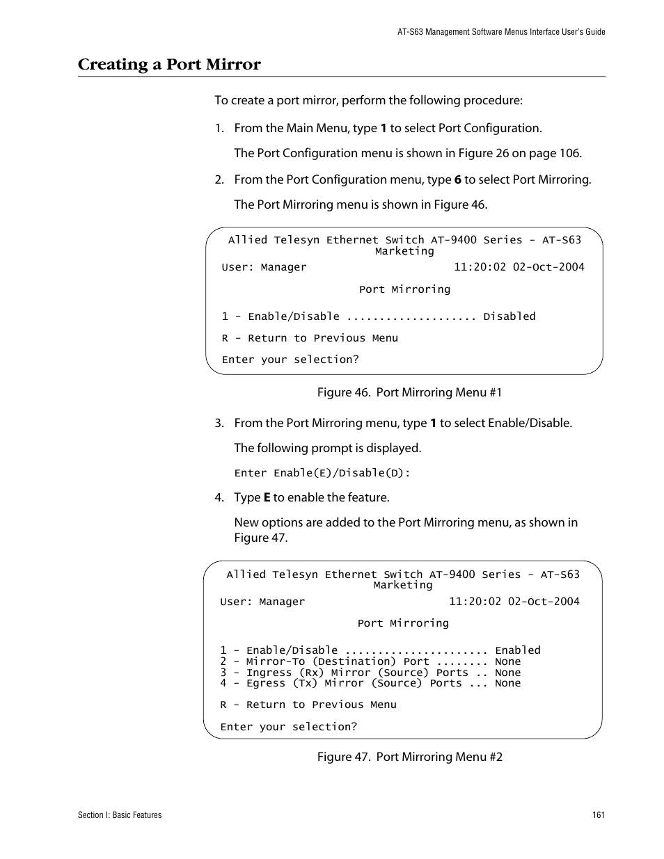 Creating a port mirror | Allied Telesis AT-S63 User Manual | Page 161 / 710