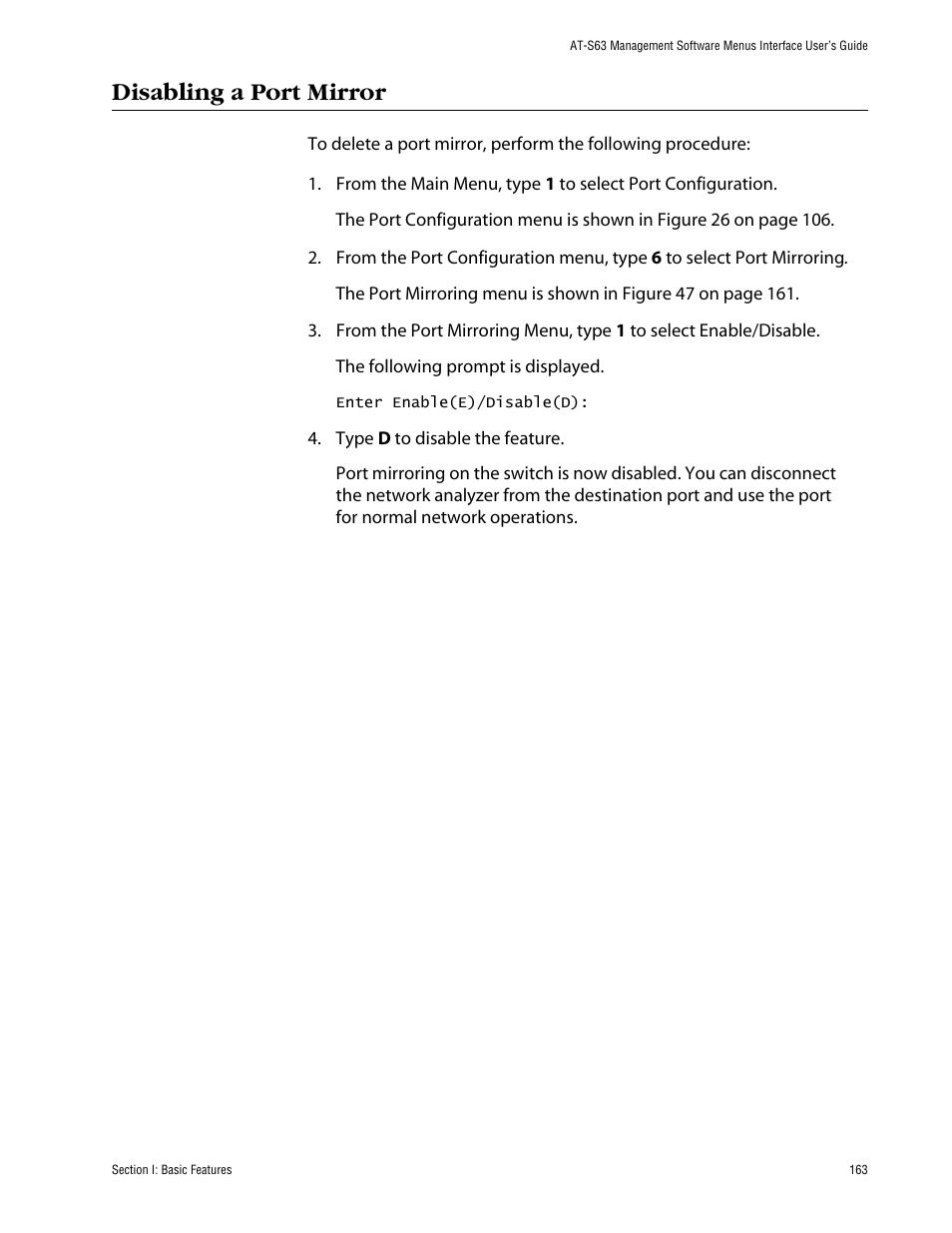 Disabling a port mirror | Allied Telesis AT-S63 User Manual | Page 163 / 710