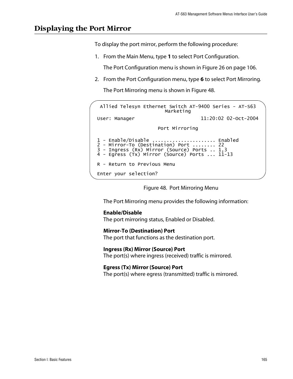 Displaying the port mirror | Allied Telesis AT-S63 User Manual | Page 165 / 710