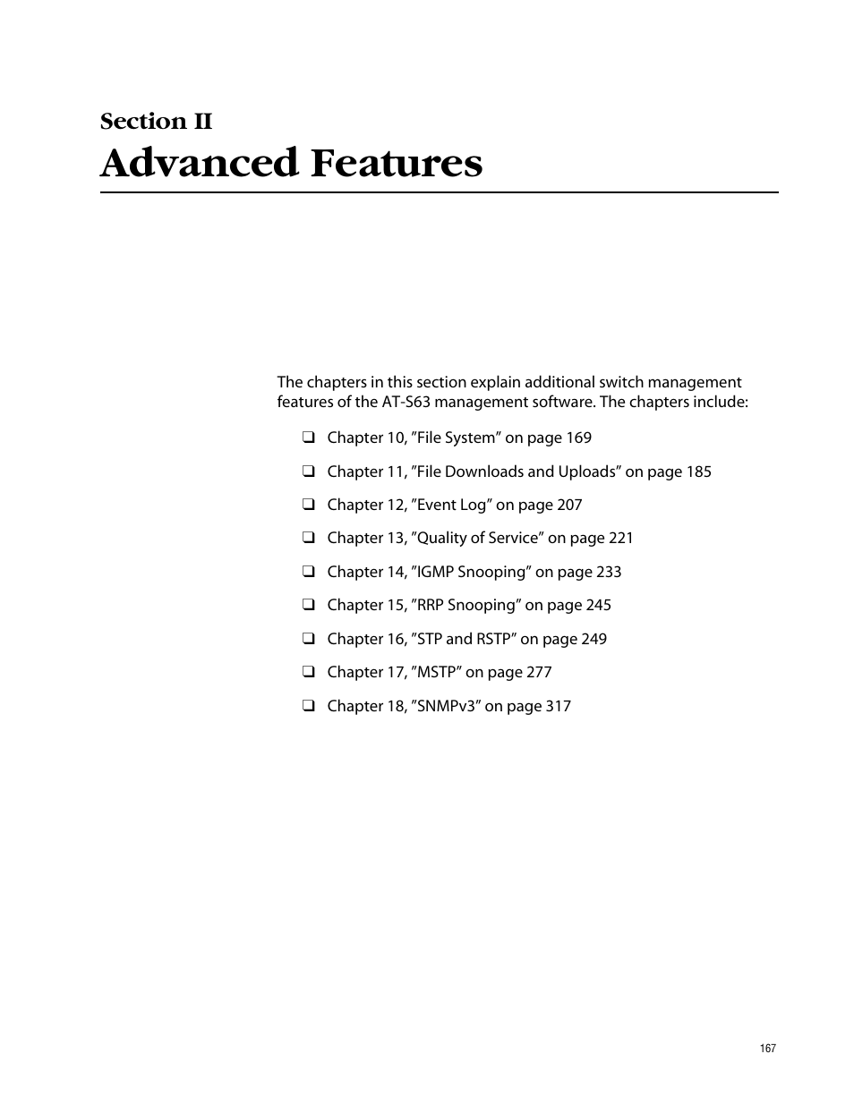 Section ii, Advanced features, Section ii advanced features | Allied Telesis AT-S63 User Manual | Page 167 / 710