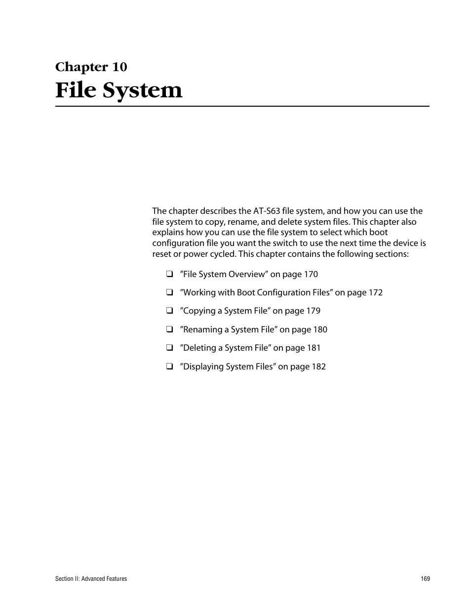 Chapter 10, File system, Chapter 10 file system | Allied Telesis AT-S63 User Manual | Page 169 / 710