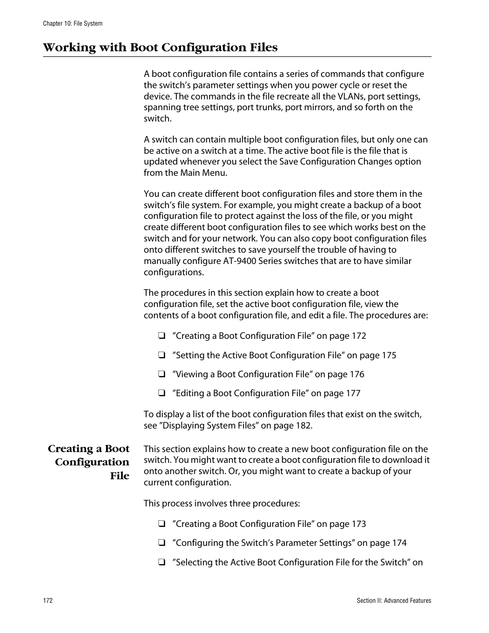 Working with boot configuration files, Creating a boot configuration file | Allied Telesis AT-S63 User Manual | Page 172 / 710