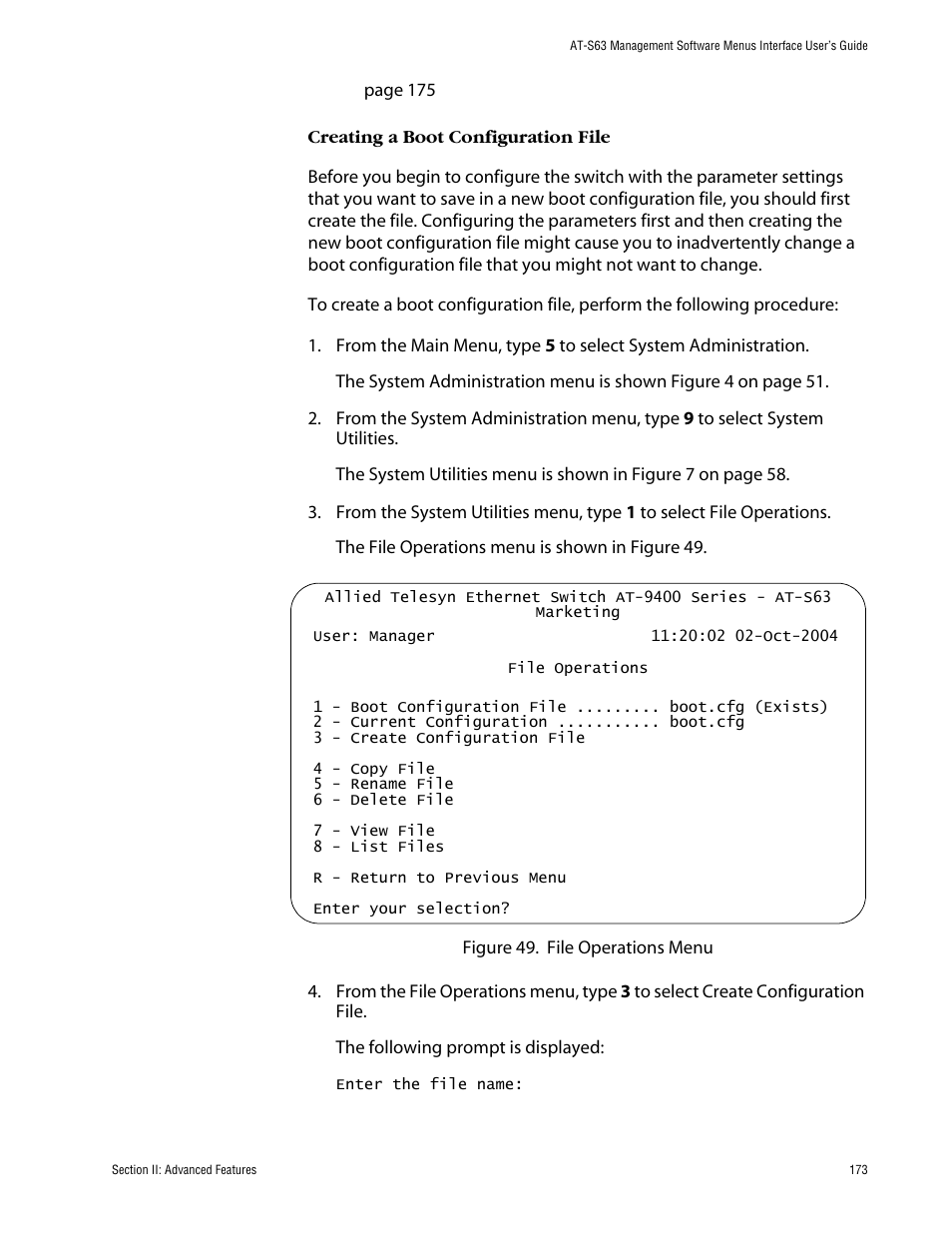 Creating a boot configuration file | Allied Telesis AT-S63 User Manual | Page 173 / 710