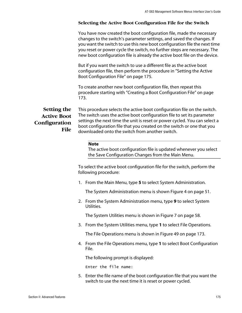 Setting the active boot configuration file | Allied Telesis AT-S63 User Manual | Page 175 / 710