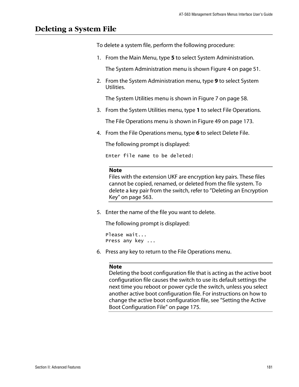 Deleting a system file | Allied Telesis AT-S63 User Manual | Page 181 / 710