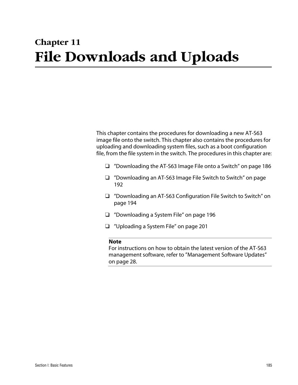 Chapter 11, File downloads and uploads, Chapter 11 file downloads and uploads | Allied Telesis AT-S63 User Manual | Page 185 / 710